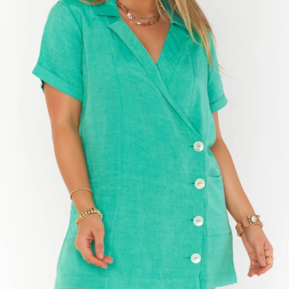 Show Me Your Mumu Bicoastal Blazer Romper Seafoam Linen XS Button Front Summer - Picture 3 of 13